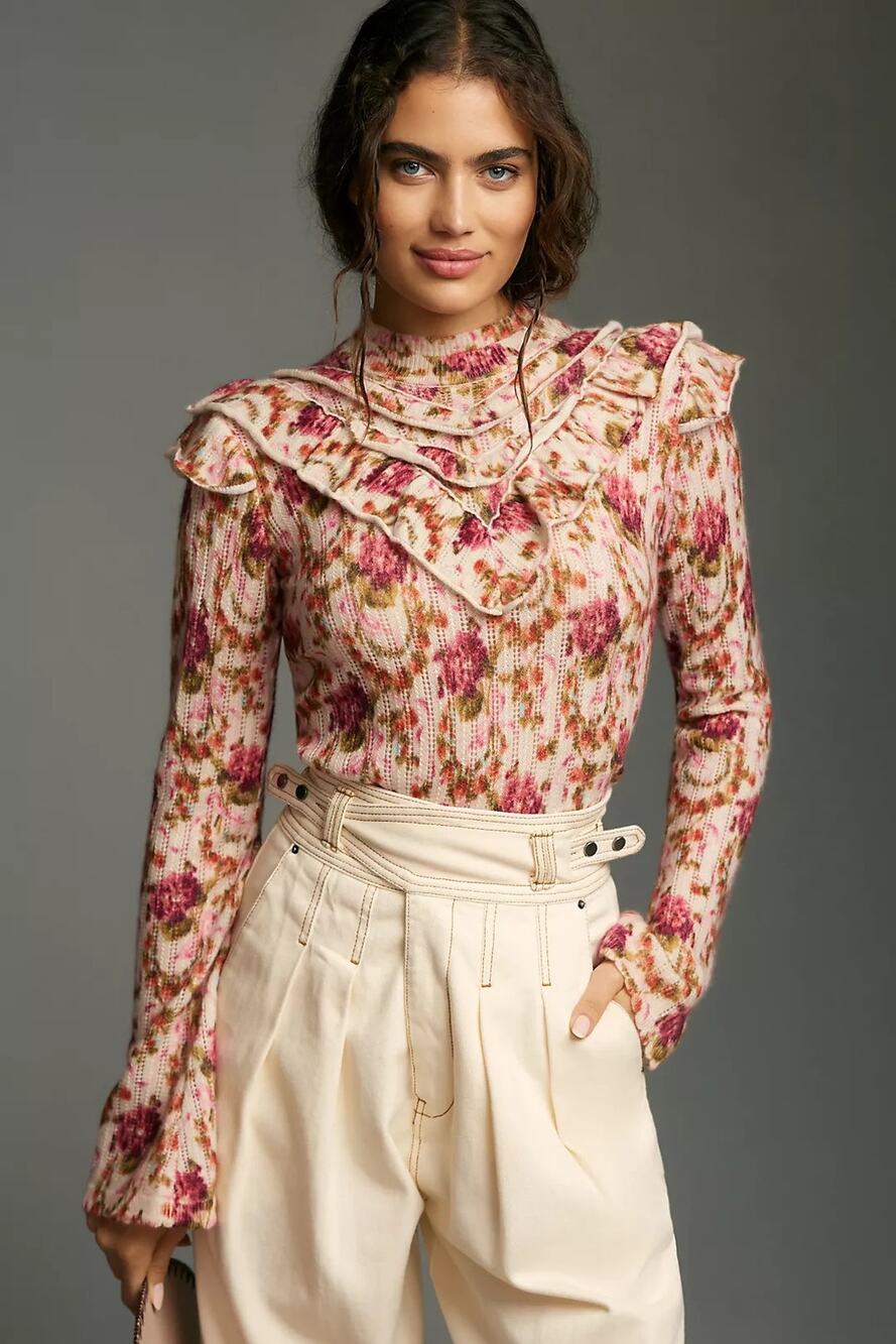 By Anthropologie Victoria Cashmere Floral Ruffle Sweater Size XS Pink High Neck